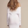 Ribbed Long Sleeve Draped Off Shoulder Mini Sweater Dress - White