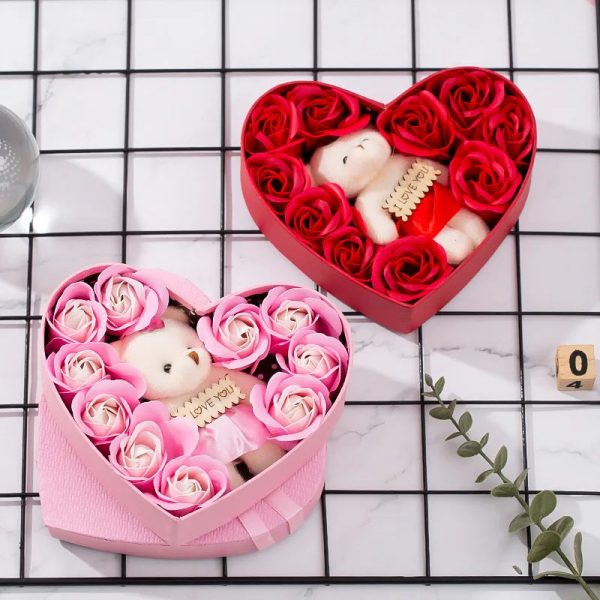 Romantic Bear Soap Bouquet with Roses Gift Box for Valentine's Day and Special Occasions