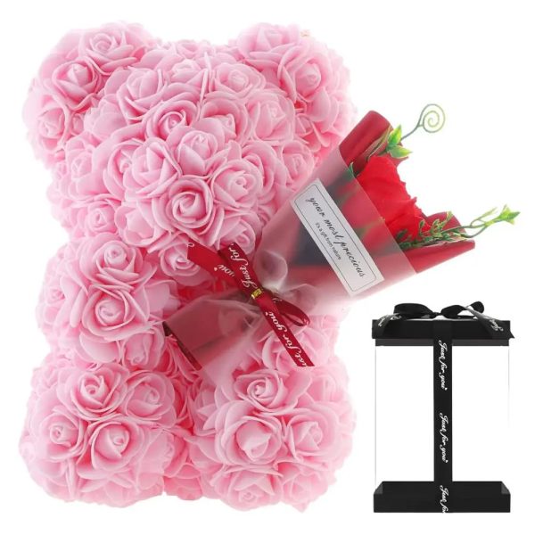 Rose Bear in Clear Box – Handmade Artificial Flower Gift for Valentine’s Day, Birthday, or Special Occasion