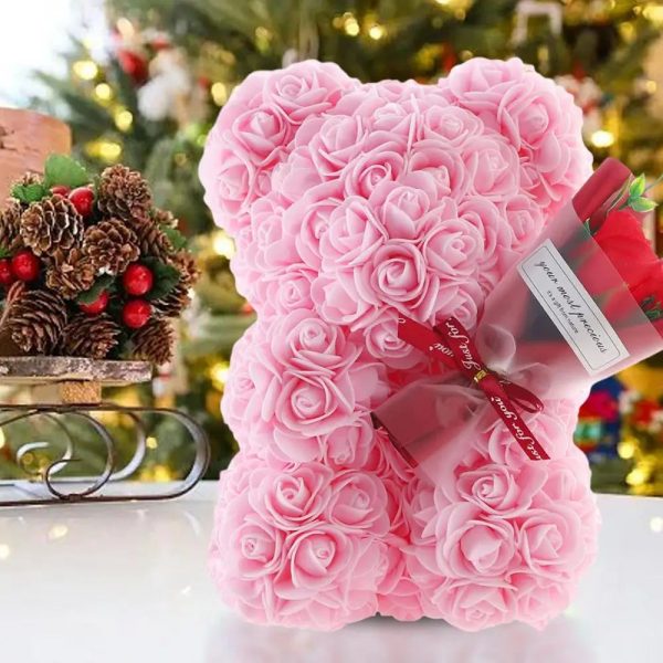 Rose Bear in Clear Box – Handmade Artificial Flower Gift for Valentine’s Day, Birthday, or Special Occasion