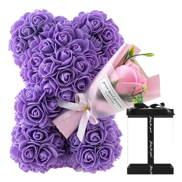Rose Bear in Clear Box – Handmade Artificial Flower Gift for Valentine’s Day, Birthday, or Special Occasion