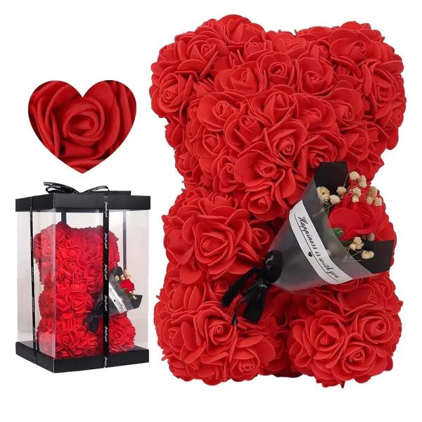 Rose Bear in Clear Box – Handmade Artificial Flower Gift for Valentine’s Day, Birthday, or Special Occasion