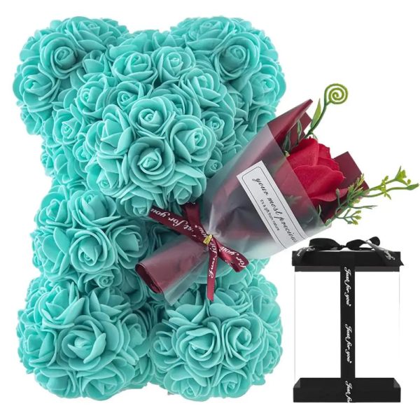 Rose Bear in Clear Box – Handmade Artificial Flower Gift for Valentine’s Day, Birthday, or Special Occasion