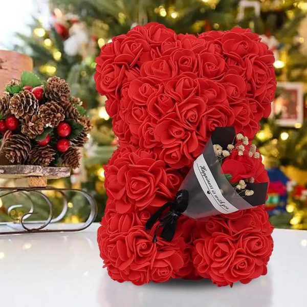 Rose Bear in Clear Box – Handmade Artificial Flower Gift for Valentine’s Day, Birthday, or Special Occasion