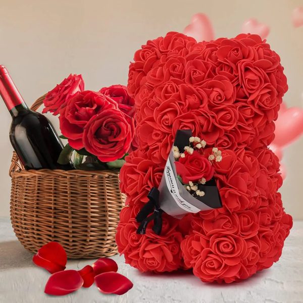 Rose Bear with Flower Bouquet 24cm