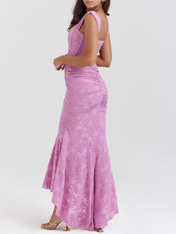 Rose Pink Floral Corset Ruffle Ruched Maxi Dress