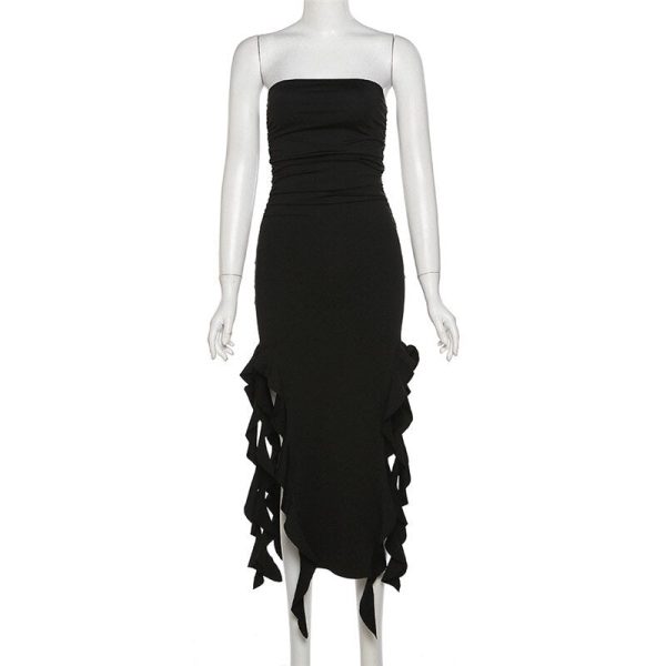Ruffle Fringe Double Slit Tube Midi Dress