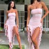 Ruffle Fringe Double Slit Tube Midi Dress