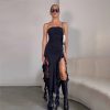 Ruffle Fringe Double Slit Tube Midi Dress