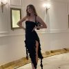 Ruffle Fringe Double Slit Tube Midi Dress