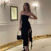 Ruffle Fringe Double Slit Tube Midi Dress