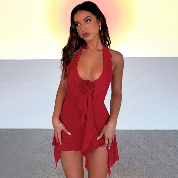 Ruffles Rose Halter Neck Mini Dress