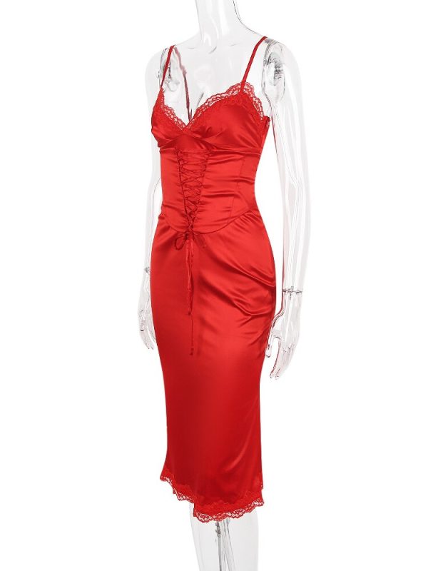 Satin Lace Trim Corset Midi Dress