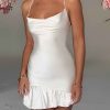 Satin Lace Up Back Asymmetric Frilled Hem Mini Dress