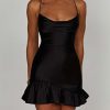 Satin Lace Up Back Asymmetric Frilled Hem Mini Dress