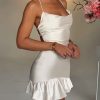 Satin Lace Up Back Asymmetric Frilled Hem Mini Dress