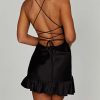 Satin Lace Up Back Asymmetric Frilled Hem Mini Dress
