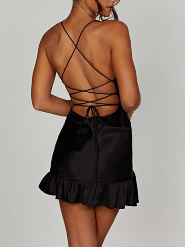 Satin Lace Up Back Asymmetric Frilled Hem Mini Dress