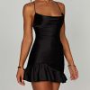 Satin Lace Up Back Asymmetric Frilled Hem Mini Dress