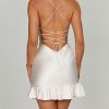 Satin Lace Up Back Asymmetric Frilled Hem Mini Dress
