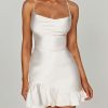 Satin Lace Up Back Asymmetric Frilled Hem Mini Dress