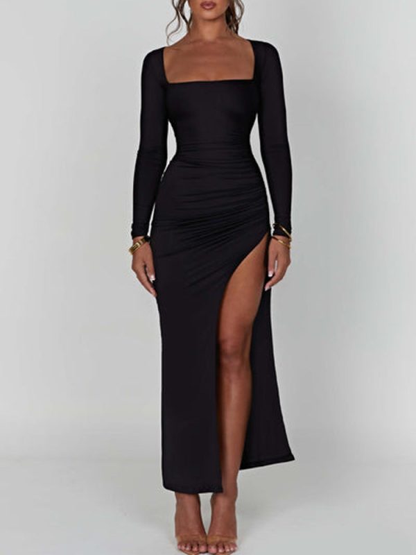 Scoop Neck Ruched Side Slit Long Sleeve Maxi Dress
