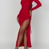 Scoop Neck Ruched Side Slit Long Sleeve Maxi Dress