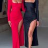 Scoop Neck Ruched Side Slit Long Sleeve Maxi Dress