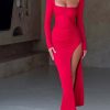 Scoop Neck Ruched Side Slit Long Sleeve Maxi Dress