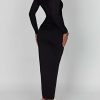 Scoop Neck Ruched Side Slit Long Sleeve Maxi Dress