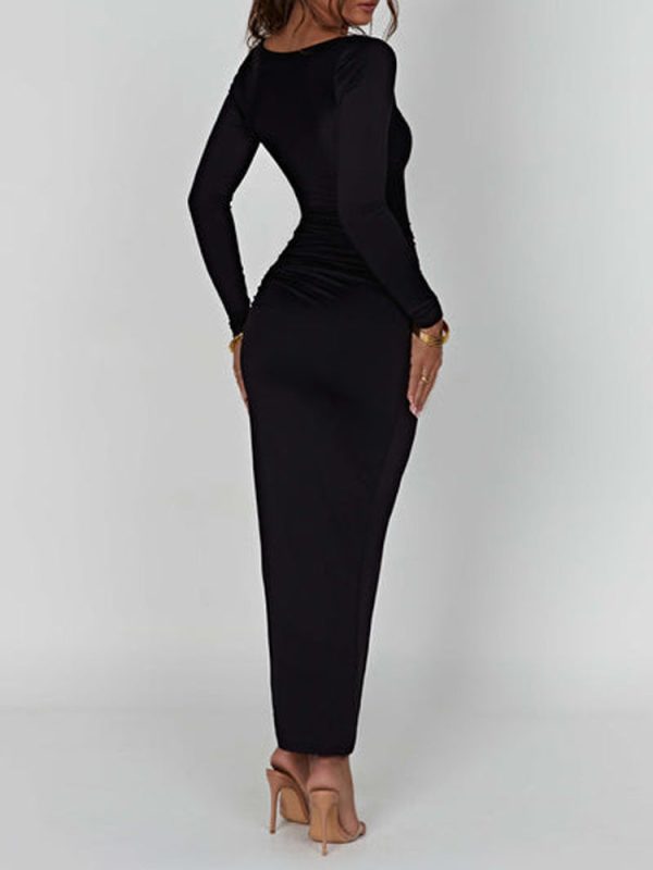 Scoop Neck Ruched Side Slit Long Sleeve Maxi Dress