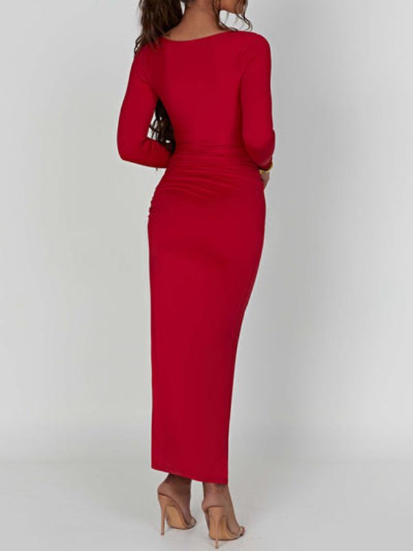 Scoop Neck Ruched Side Slit Long Sleeve Maxi Dress