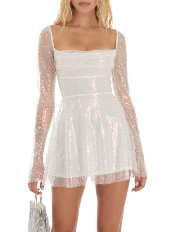 Sequin Lace-up Back Long Sleeves Flare Mini Dress