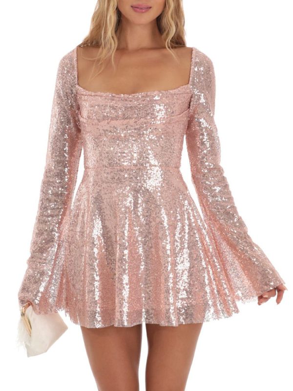 Sequin Lace-up Back Long Sleeves Flare Mini Dress