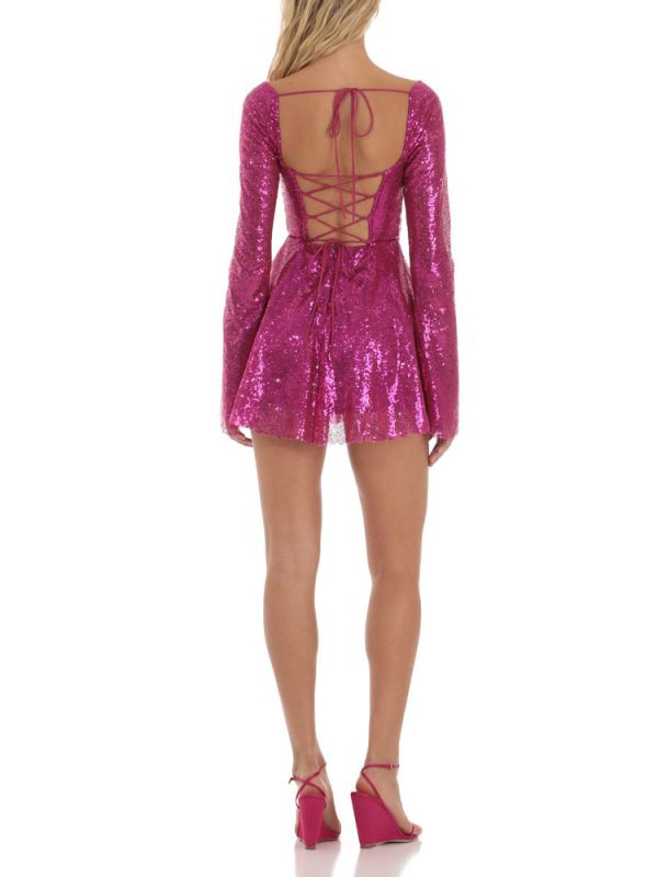 Sequin Lace-up Back Long Sleeves Flare Mini Dress
