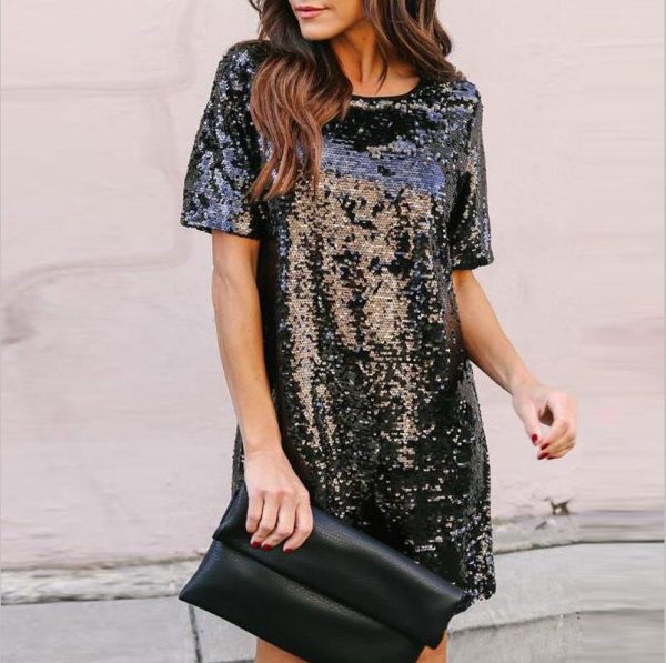 Sequin Short Sleeves Loose Dresses