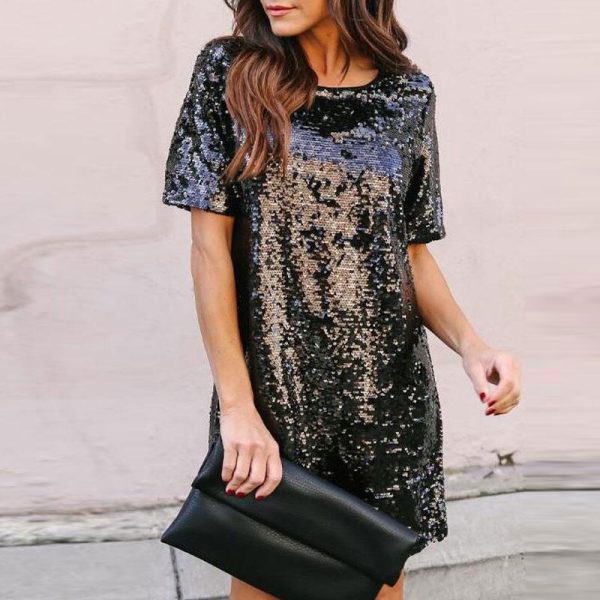 Sequin Short Sleeves Loose Dresses