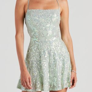 Sequin Sleeveless Lace-up Back Flare Mini Dress