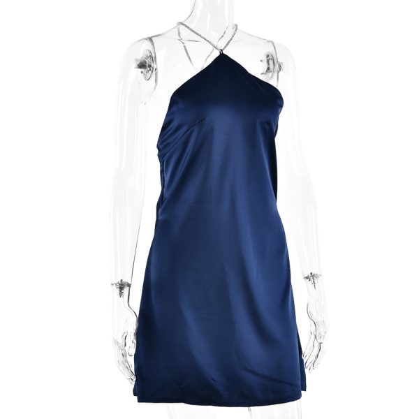 Sequin Strap Halter Backless Satin Mini Dress