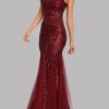 Sequin Tulle V-Neck Mermaid Floor Length Prom Dresses
