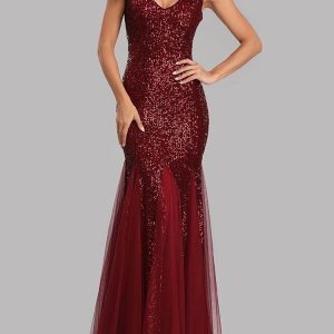 Sequin Tulle V-Neck Mermaid Floor Length Prom Dresses