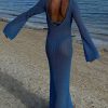 Sexy Boat Neck Bell Sleeve Crochet Knit Beach Vacation Maxi Dress - Blue