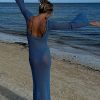 Sexy Boat Neck Bell Sleeve Crochet Knit Beach Vacation Maxi Dress - Blue