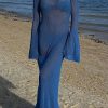 Sexy Boat Neck Bell Sleeve Crochet Knit Beach Vacation Maxi Dress - Blue