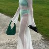 Sexy Boat Neck Bell Sleeve Crochet Knit Beach Vacation Maxi Dress - White