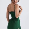 Sexy Club Lace Up Belt V Neck Lace Satin Slip Mini Dress - Emerald Green