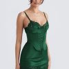 Sexy Club Lace Up Belt V Neck Lace Satin Slip Mini Dress - Emerald Green