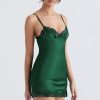 Sexy Club Lace Up Belt V Neck Lace Satin Slip Mini Dress - Emerald Green