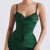 Sexy Club Lace Up Belt V Neck Lace Satin Slip Mini Dress - Emerald Green