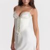 Sexy Club Lace Up Belt V Neck Lace Satin Slip Mini Dress - White